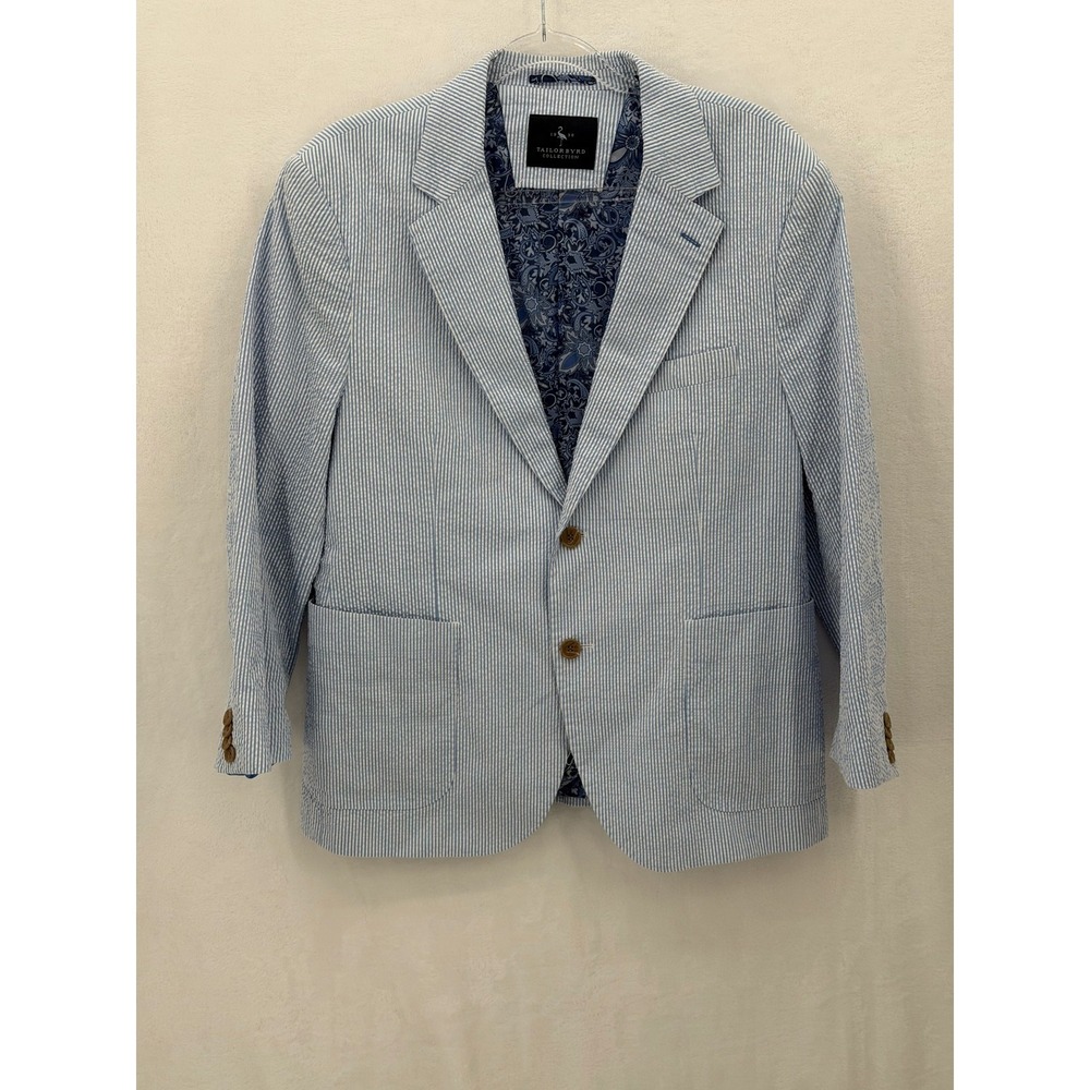 Tailorbyrd Collection Blazer Men 42S Blue White Seersucker Stripe Stretch Summer